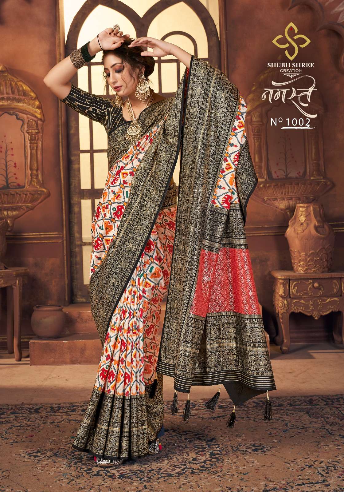 SHUBH SHREE PRESENTS NAMASTE INDIAN TREDITIONAL STYLE SAREE CATALOG WHOLESALER AND EXPORTER IN SURAT