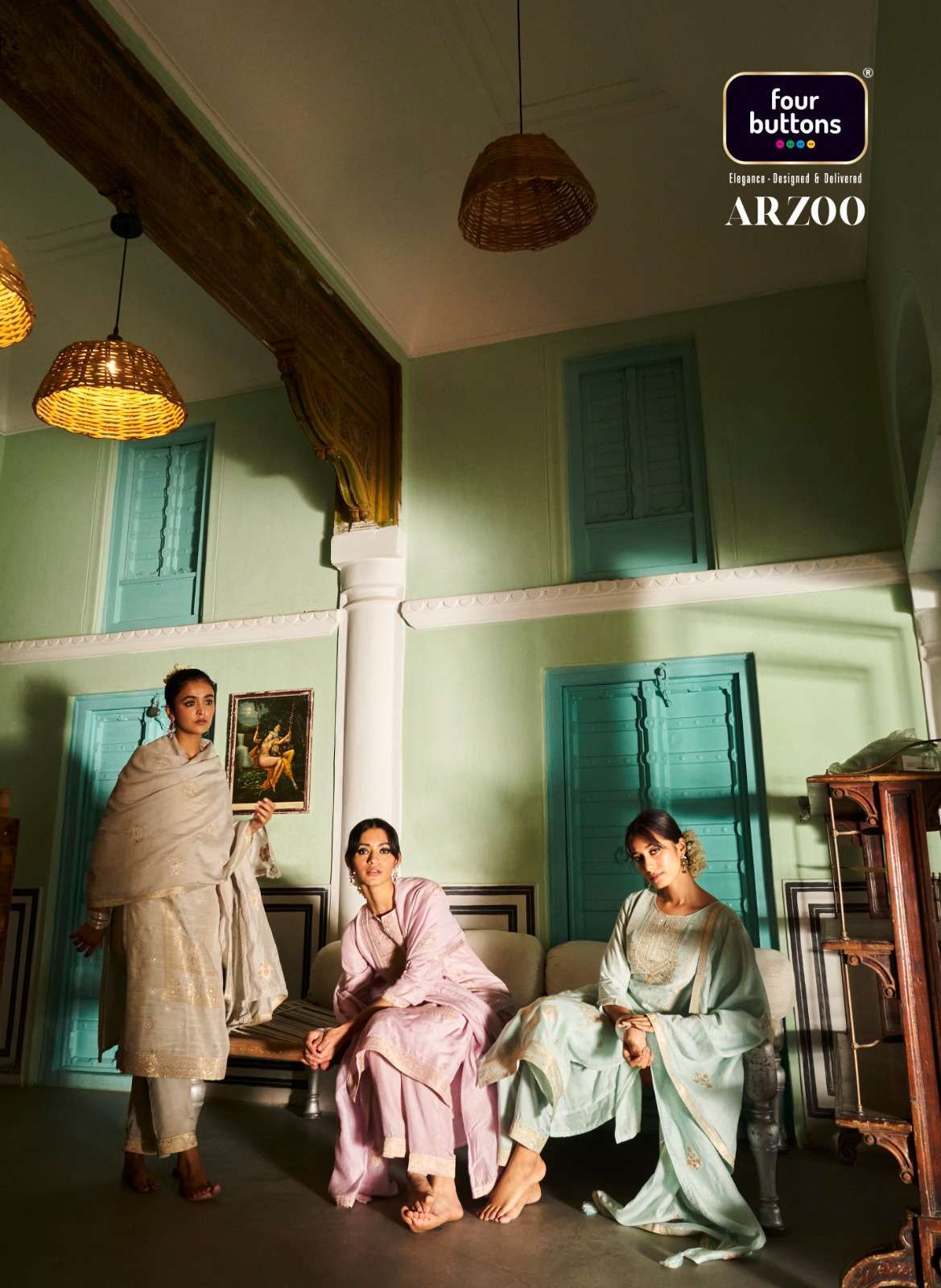 FOUR BUTTONS PRESENTS ARZOO FULL STITCH FUNCTION WEAR KURTI WITH PANT AND DUPATTA CATALOG WHOLESALER AND EXPORTER IN SURAT 