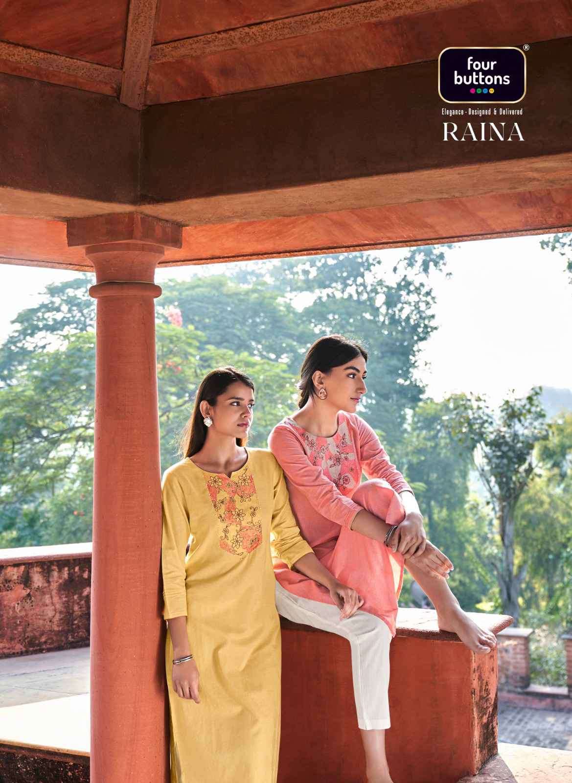 Four Buttons Presents Raina Fancy Work Pure Cotton Straight Kurti Catalog Wholesaler And Exporter In Surat 