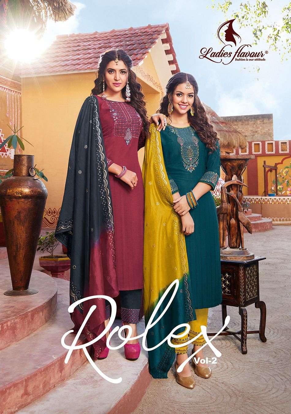 LADIES FLAVOUR PRESENTS ROLEX VOL-2 FANCY CHINON WEAVING KURTI WITH BOTTOM AND DUPPATA CATALOG WHOLESALER AND EXPORTER IN SURAT 