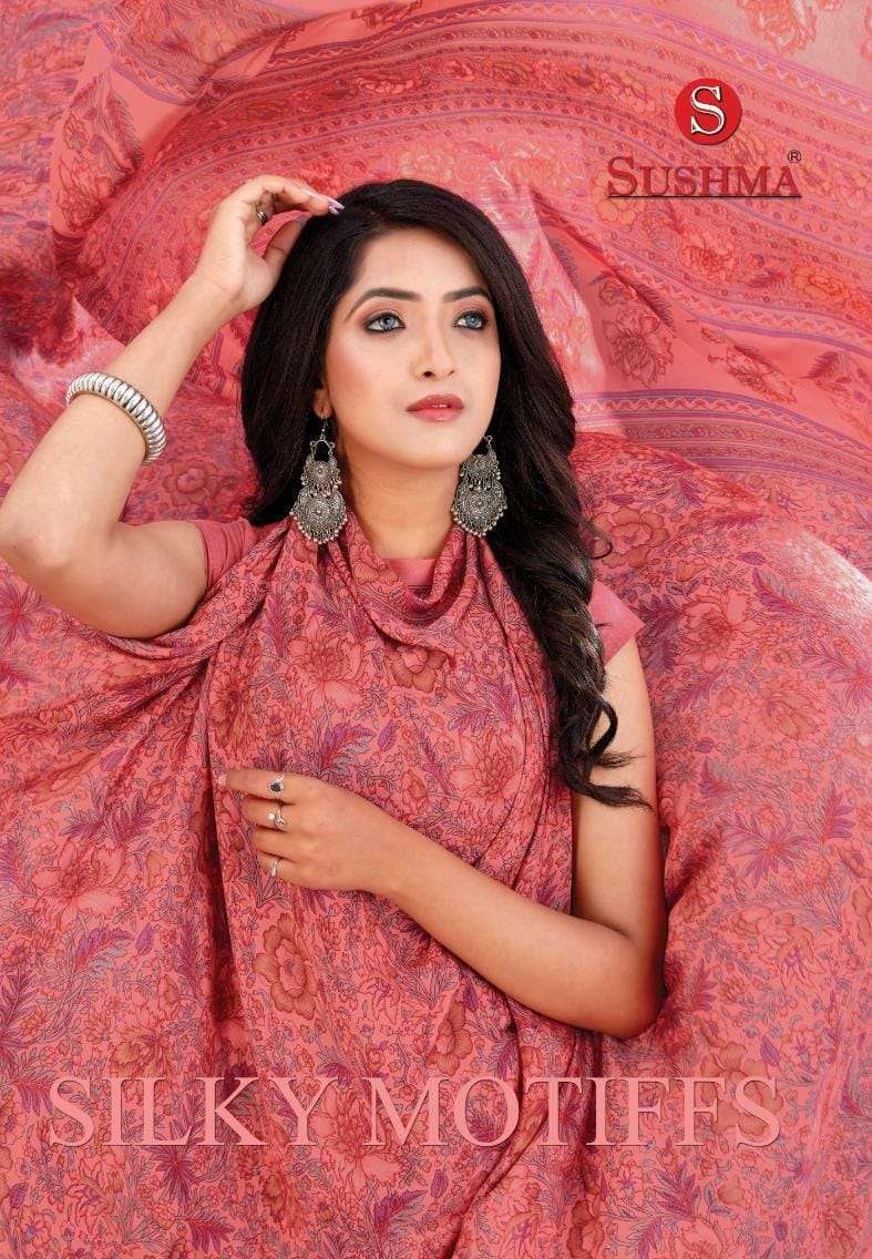 Sushma presents Silky Motiffs crape printed sarees catalog wholesaler and exporters 