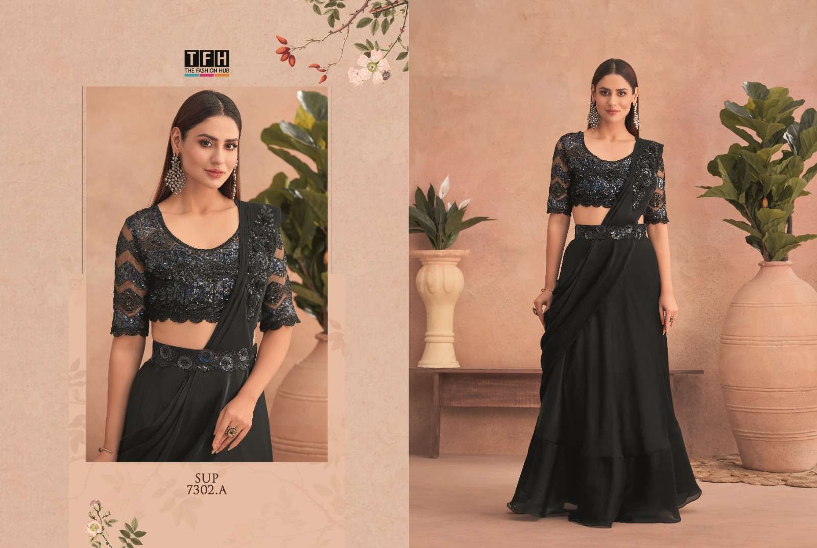Tfh presents Super star hit 7302 beautiful designer party wear readymade sarees catalog wholesaler 