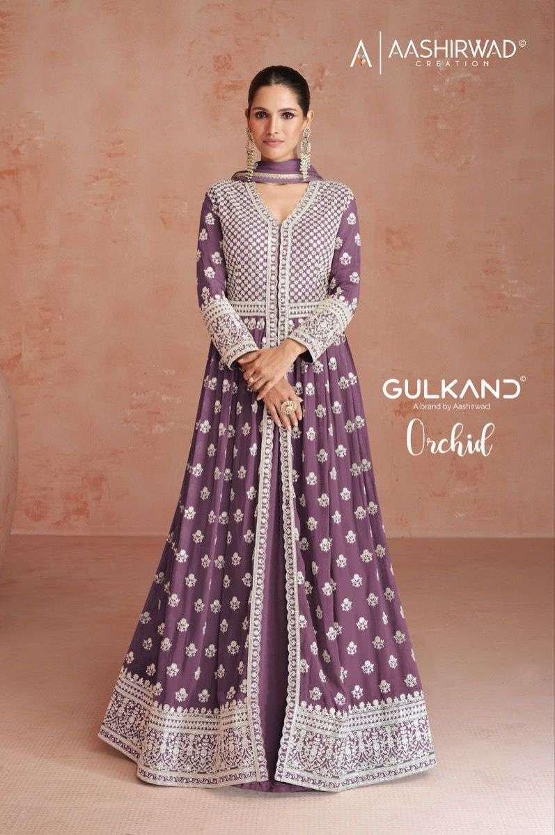 AASHIRWAD CREATION PRESENTS GULKAND ORCHID 9554-9558 READYMADE DESIGNER TOP WITH SKIRT AND DUPATTA STYLE SALWAR SUITS CATALOG WHOLESALER 