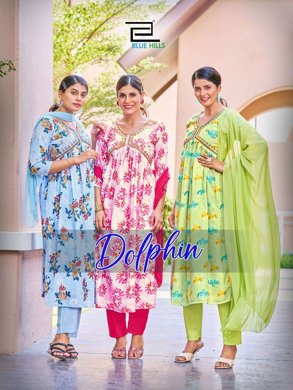 BLUE HILLS PRESENT DOLPHIN DESIGNER ALIA CUT FANCY KURTI WITH PANT AND DUPATTA CATALOG WHOLESALER AND EXPORTER IN SURAT 