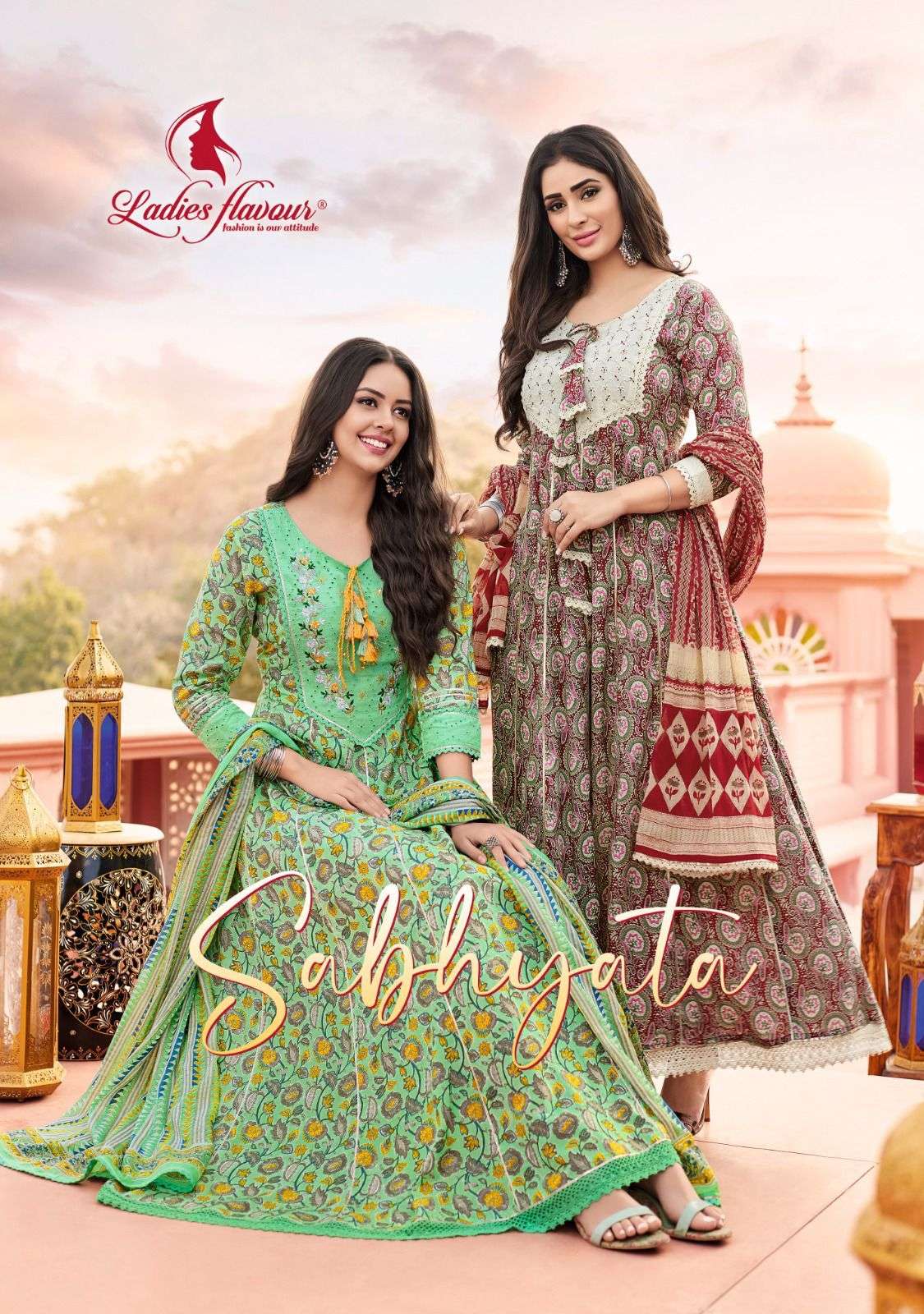 LADIES FLAVOUR PRESENTS SABHYATA FANCY ANARKALI GOWN STYLE KURTIS WITH DUPPATA CATALOG WHOLESALER AND EXPORTER IN SURAT 