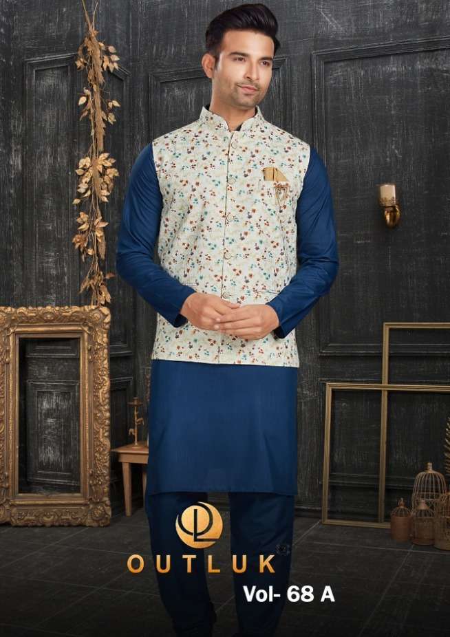 OUTLUK PRESENTS OUTLUK VOL-68A READYMADE BEST QUALITY MENS KURTA PAYJAMA WITH PRINTED LUCKNOWI WORK JACKET CATALOG WHOLESALER AND EXPORTER IN SURAT