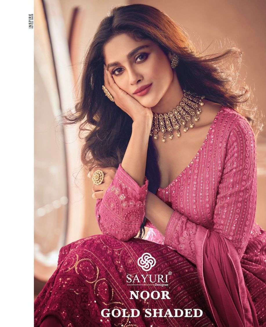SAYURI DESIGNER PRESENTS NOOR GOLD SHADED DESIGNER PARTY WEAR READYMADE SKIRT STYLE SALWAR SUITS CATALOG WHOLESALER AND EXPORTER IN SURAT 