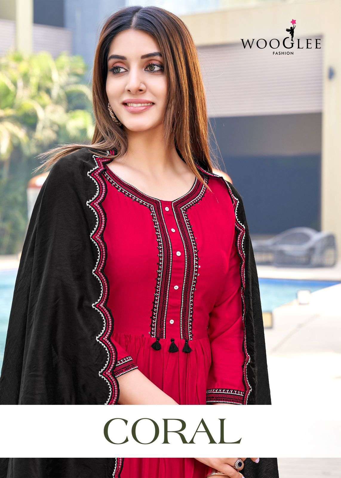 WOOGLEE PRESENT CORAL AMAZING RAYON WEAVING KURTI WITH PANT AND DUPATTA CATALOG WHOLESALER AND EXPORTER IN SURAT 