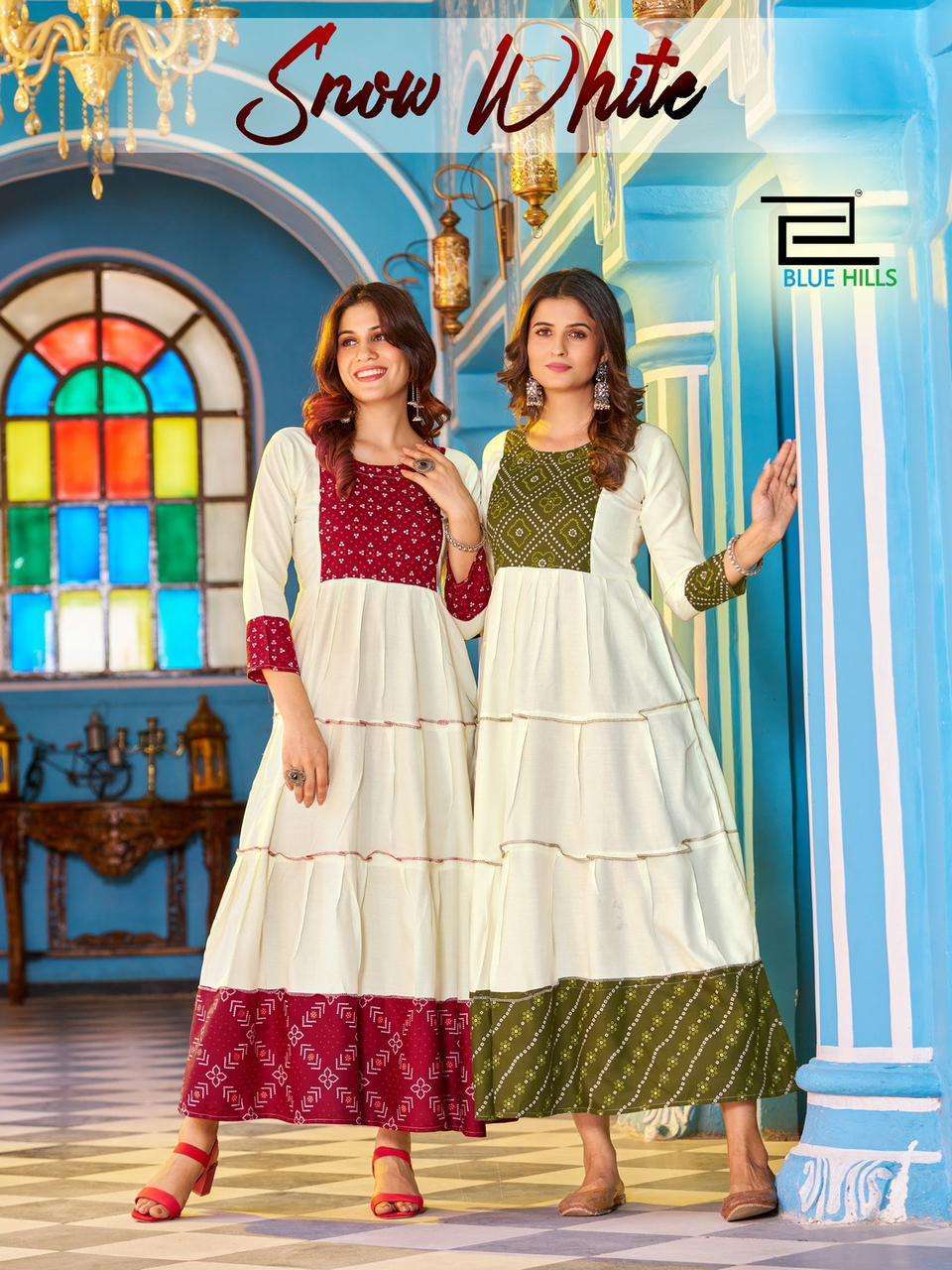 BLUE HILLS PRESENT SNOW WHITE RAYON FANCY READY TO WEAR LONG FRILL GOWNS IN PLUS SIZES CATALOG WHOLESALER AND EXPORTER IN SURAT 