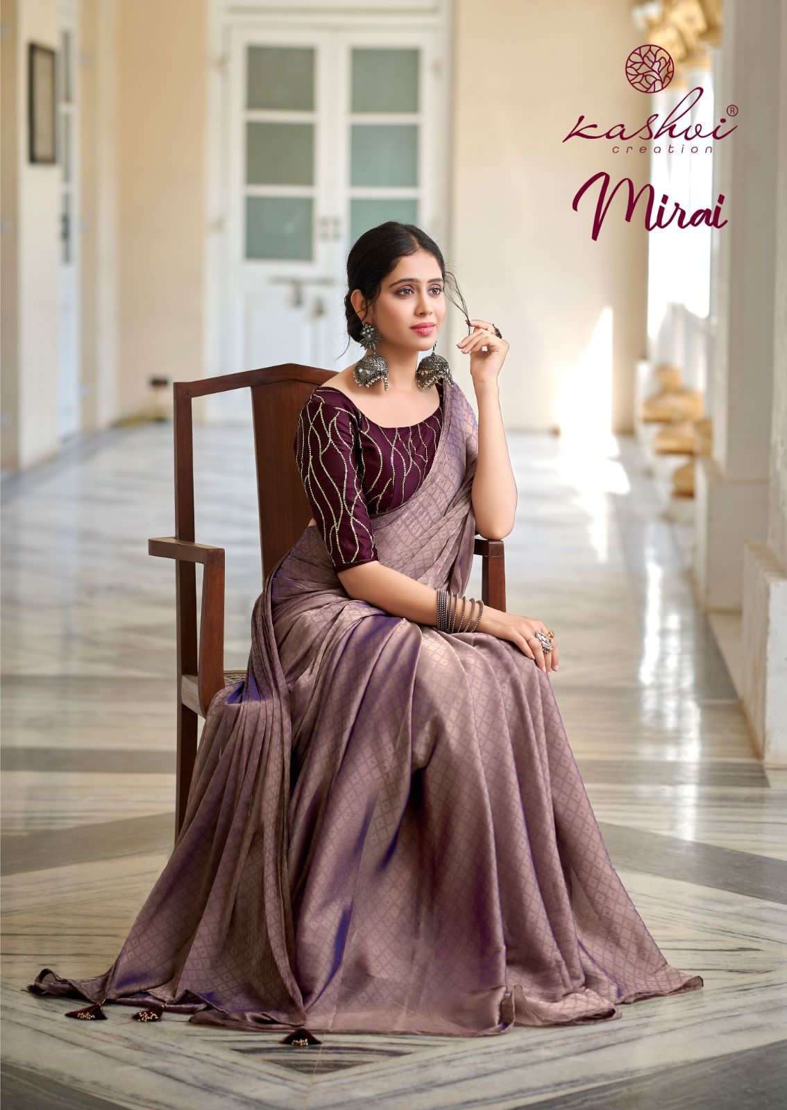 KASHVI CREATION PRESENTS MIRAI SOFT SATIN FANCY SAREE WITH EMBROIDERY BLOUSE PEICE CATALOG WHOLESALER AND EXPORTER IN SURAT 