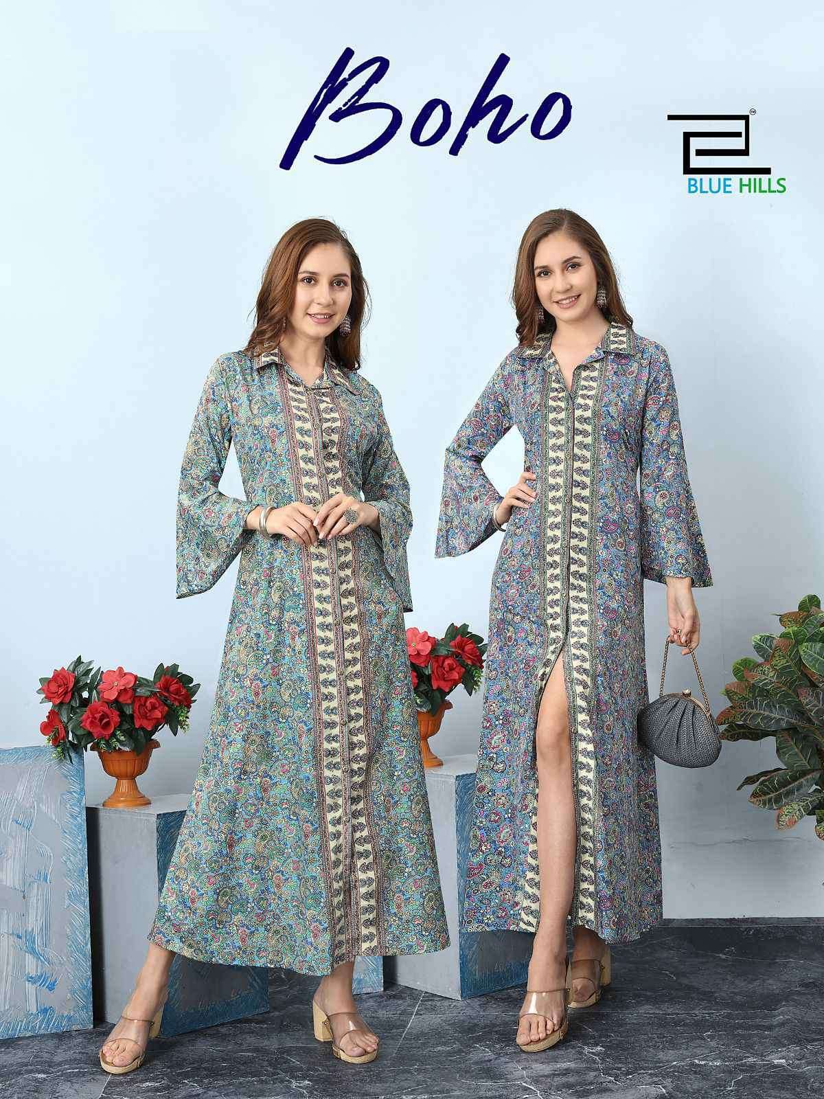 Blue Hills Precents Boho Fancy Crape Print Ethnic Wear Long Kurti New Pattern Catalog Wholesaler and exporter in Surat