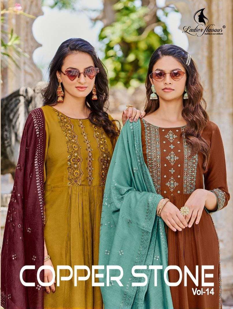 LADIES FLAVOUR PRESENTS COPPER STONE VOL-14 READYMADE FANCY KURTI WITH CHANDERI VISCOSE DUPATTA CATALOG WHOLESALER AND EXPORTER 