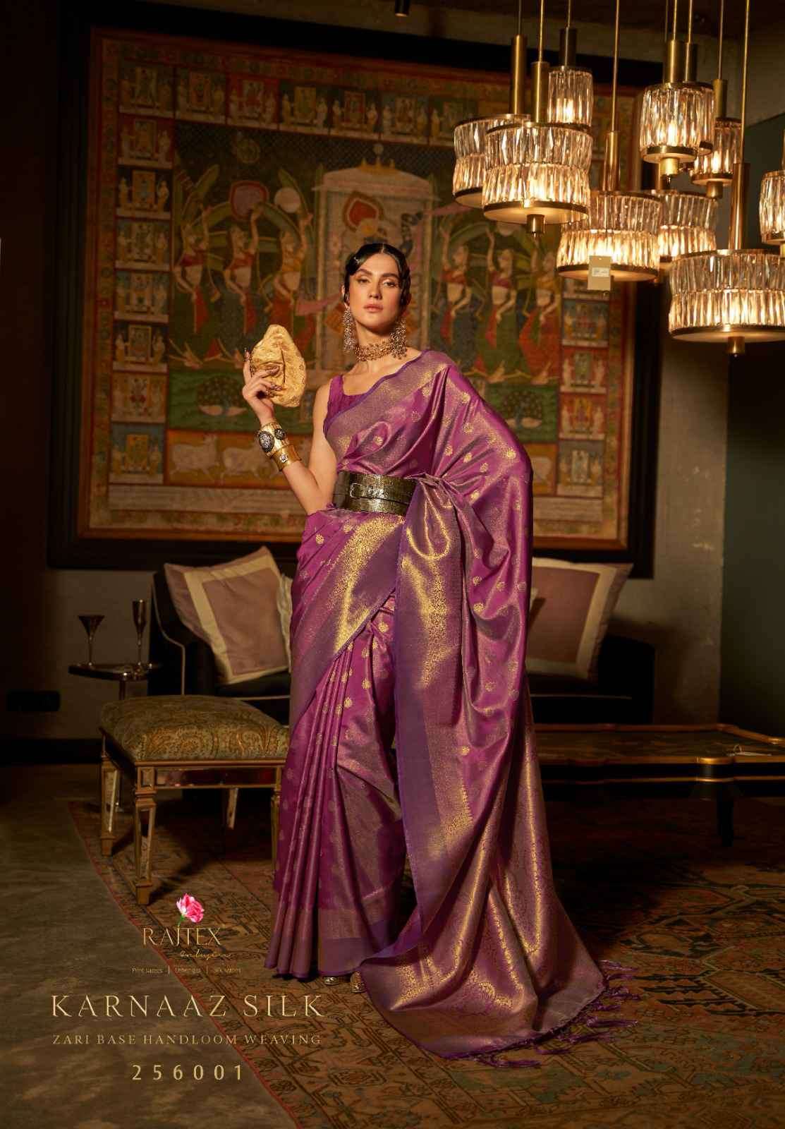 Rajtex Presents Karnaaz Silk 256001 To 256007 Fancy Weaving Festive Collection Saree Catalog Wholesaler and Exporter In Surat