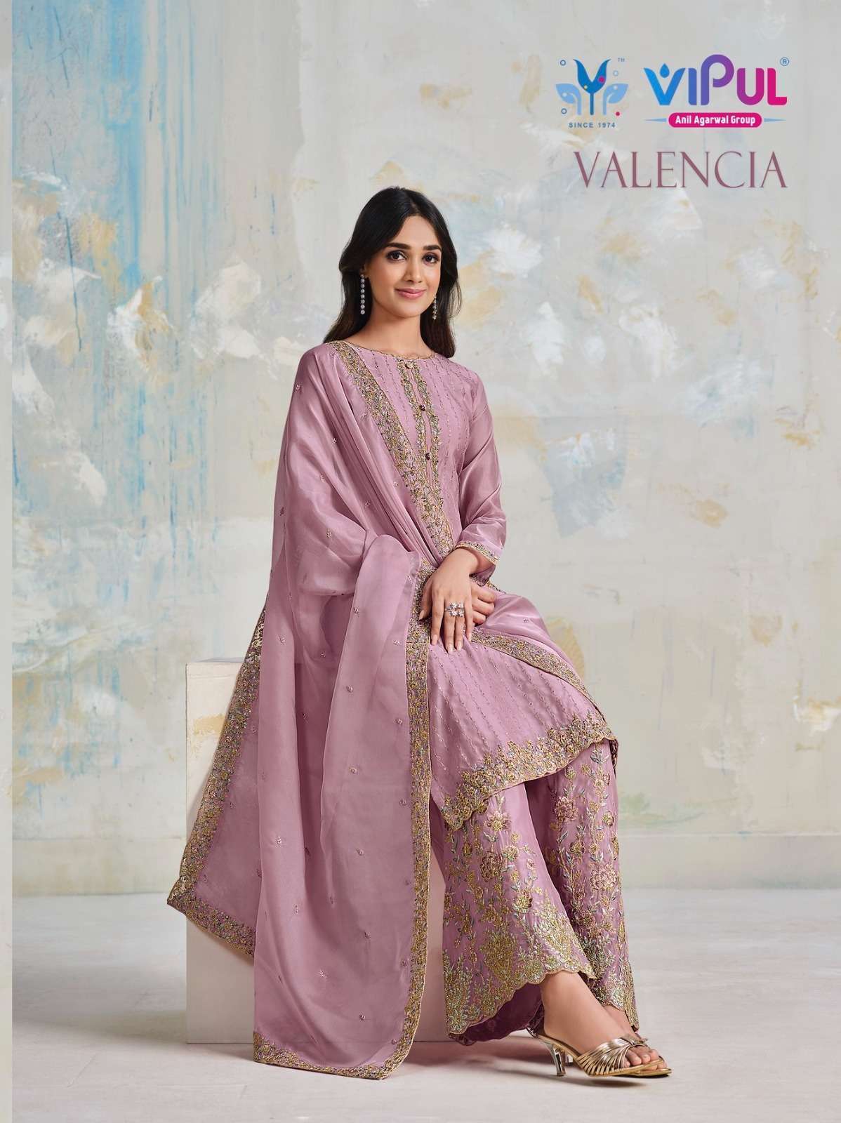 Vipul presents Valencia organza satin designer work salwar suit wholesaler and exporters 