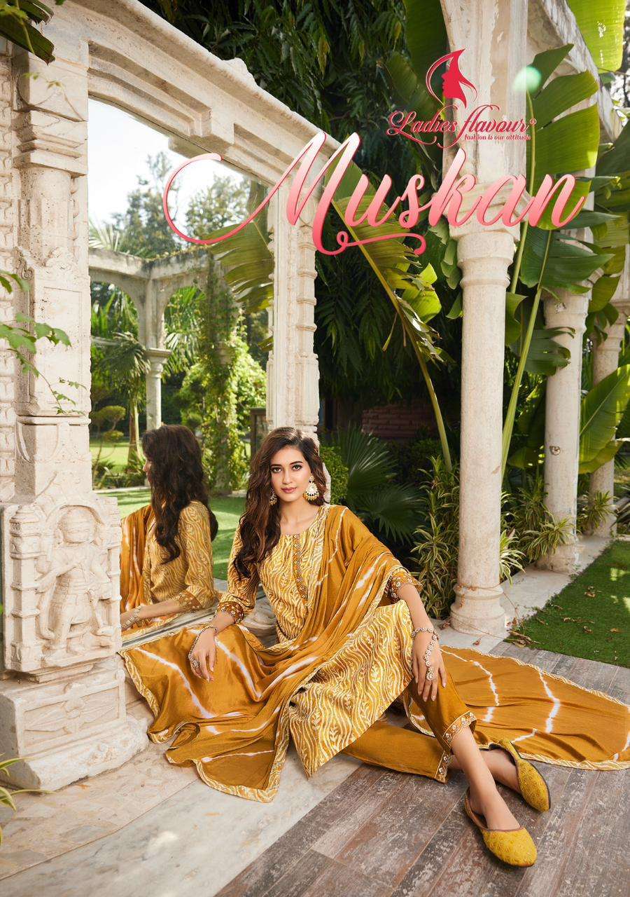 LADIES FLAVOUR PRESENTS MUSKAN FANCY WORK KURTI WITH PANT AND DUPATTA CATALOG WHOLESALER AND EXPORTER IN SURAT 
