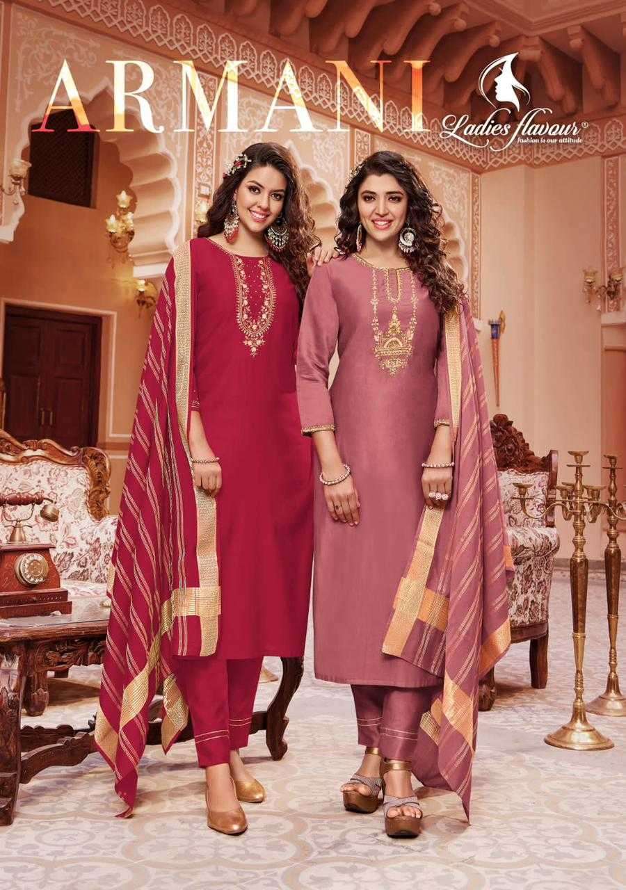 LADIES FLAVOUR PRESENTS ARMANI READYMADE KURTI PANT WITH CHANDERI DUPATTA FANCY CATALOG WHOLESALER AND EXPORTER IN SURAT