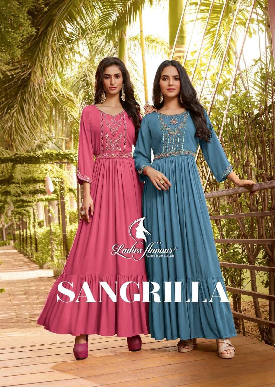 LADIES FLAVOUR PRESENTS SANGRILLA FULLSTITCH ELEGANT OCCASION WEAR LONG GOWN WITH BELT CATALOG WHOLESALER AND EXPORTER 