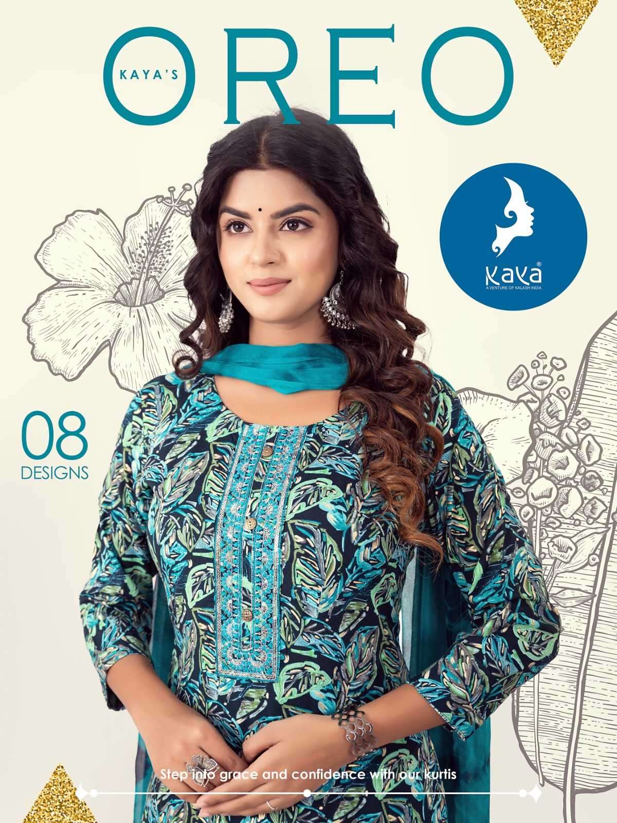 KAYA PRESENTS OREO FANCY CASUAL STRAIGHT KURTI WITH PANT AND NAZEEN DUPATTA CATALOG WHOLESALER AND EXPORTER IN SURAT 