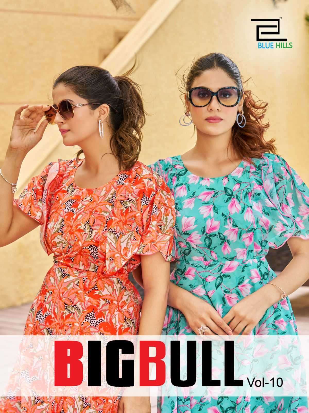 BLUE HILLS PRESENTS BIG BULL VOL-10 STITCHED WESTERN WEAR LONG PRINTED GOWN STYLE KURTI CATALOG WHOLESALER AND EXPORTER IN SURAT 