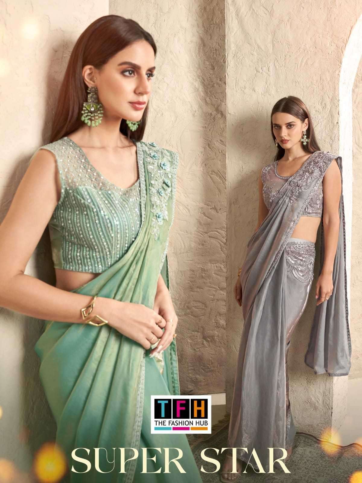 TFH PRESENTS SUPER STAR VOL-2 7701-7712 READY TO WEAR DESIGNER SAREES WITH BELT AND UNSTITCH BLOUSE CATALOG WHOLESALER AND EXPORTER IN SURAT 