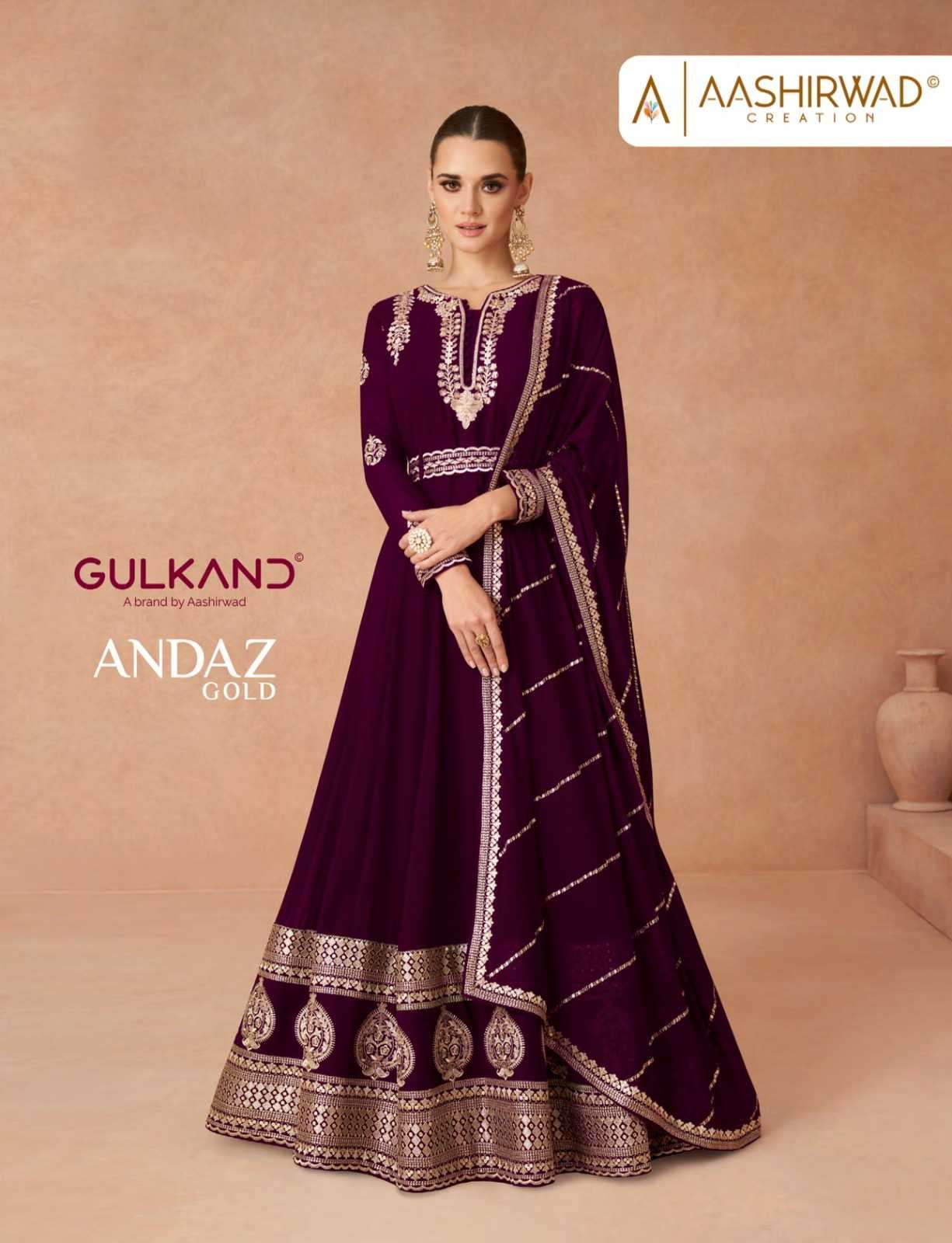 AASHIRWAD PRESENTS GULKAND ANDAZ GOLD EXCLUSIVE DESIGNER LONG GOWN WITH DUPATTA FESTIVE WEAR CATALOG WHOLESALER AND EXPORTER IN SURAT 