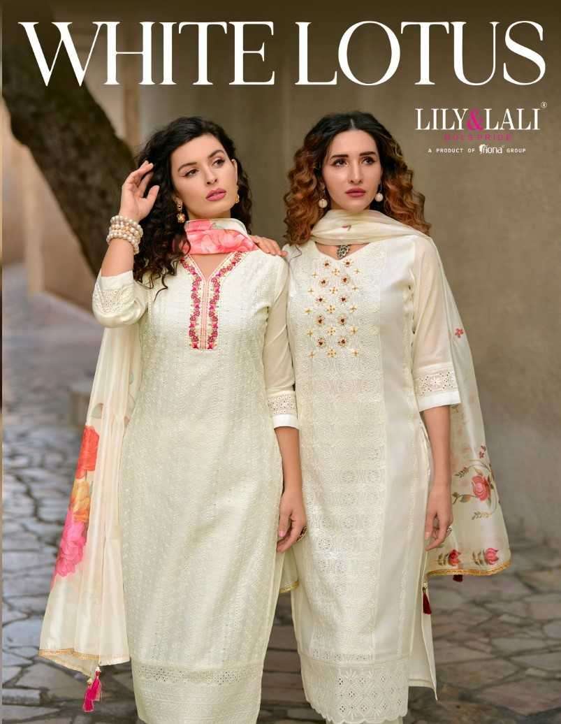 LILY AND LALI PRESENTS WHITE LOTUS READYMADE DESIGNER WHITE SPECIAL CLASSY LOOK KURTI PANT DUPATTA CATALOG WHOLESALER AND EXPORTER IN SURAT 
