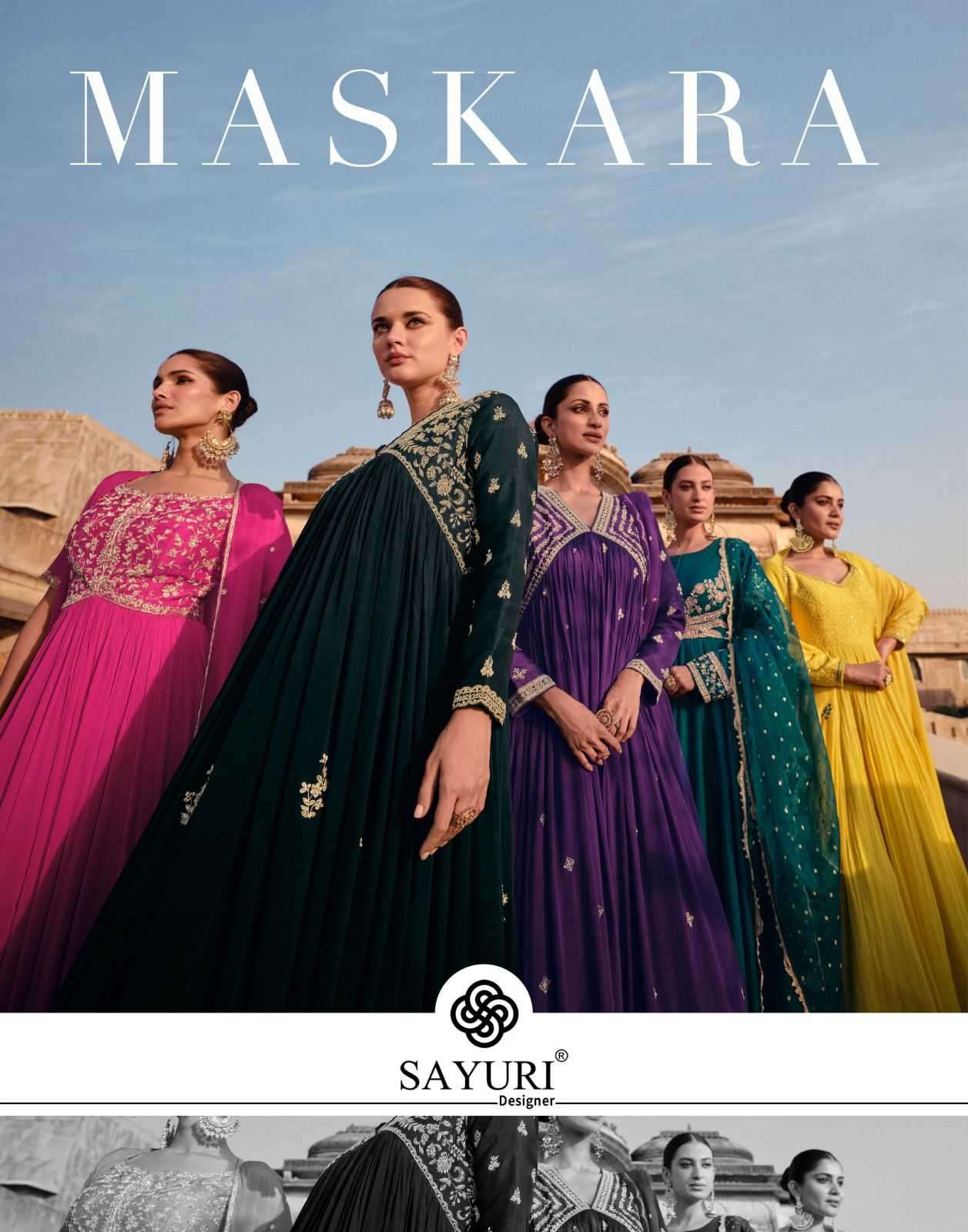 Sayuri presents Maskara chinon silk exclusive designer readymade gown catalog collection 