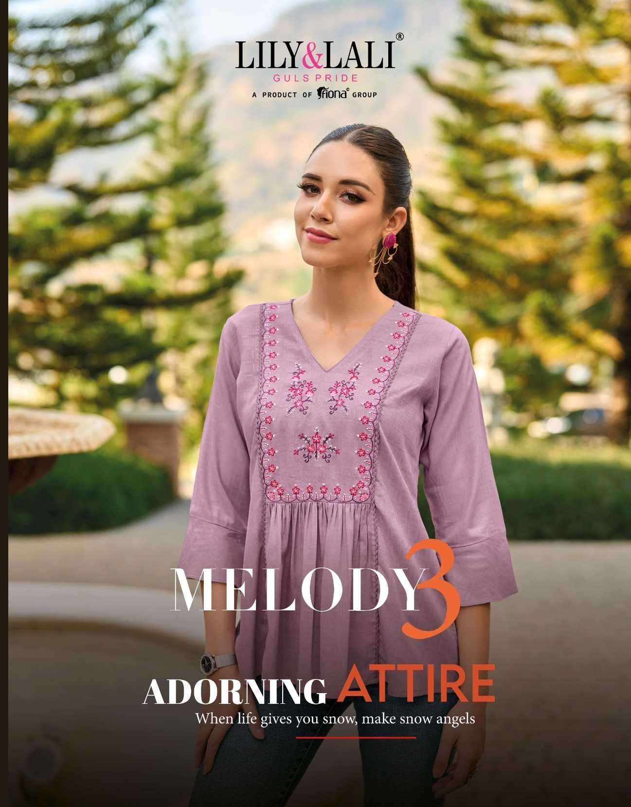 LILY AND LALI PRESENTS MELODY VOL-3 FASHIONABLE STITCH GIRLS TUNIC CATALOG WHOLESALER AND EXPORTER 
