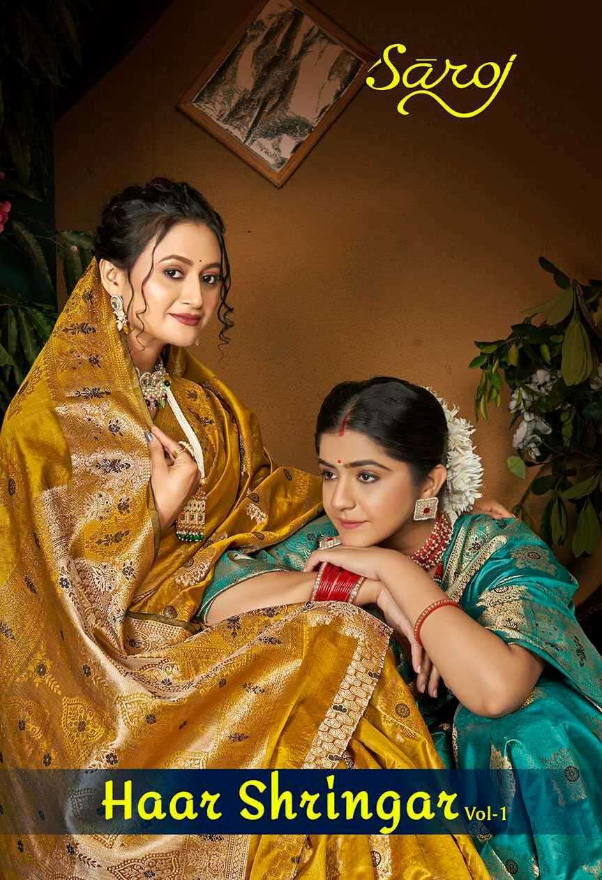 Saroj presents haar shringar vol-1 organza silk sarees catalog wholesaler 