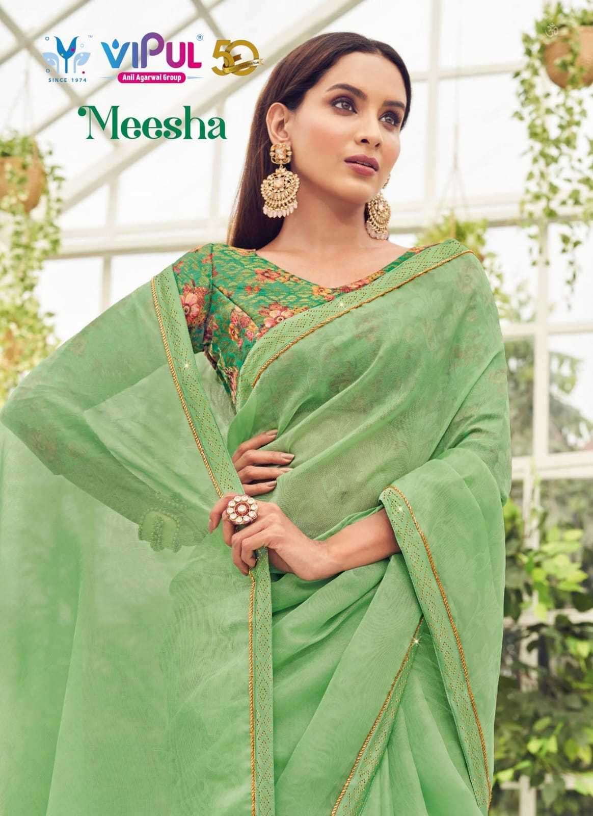 Vipul presents Meesha organza jacquard digital print sarees catalog wholesaler 