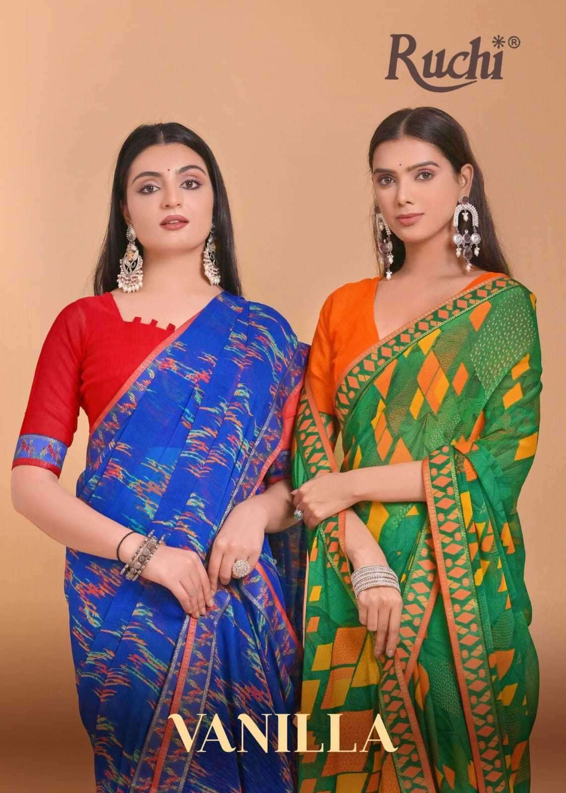 RUCHI PRESENTS VANILLA RAGULAR USE FANCY CHIFFON DIGITAL PRINT SAREE WITH BLOUSE CATALOG WHOLESALER AND EXPORTER IN SURAT