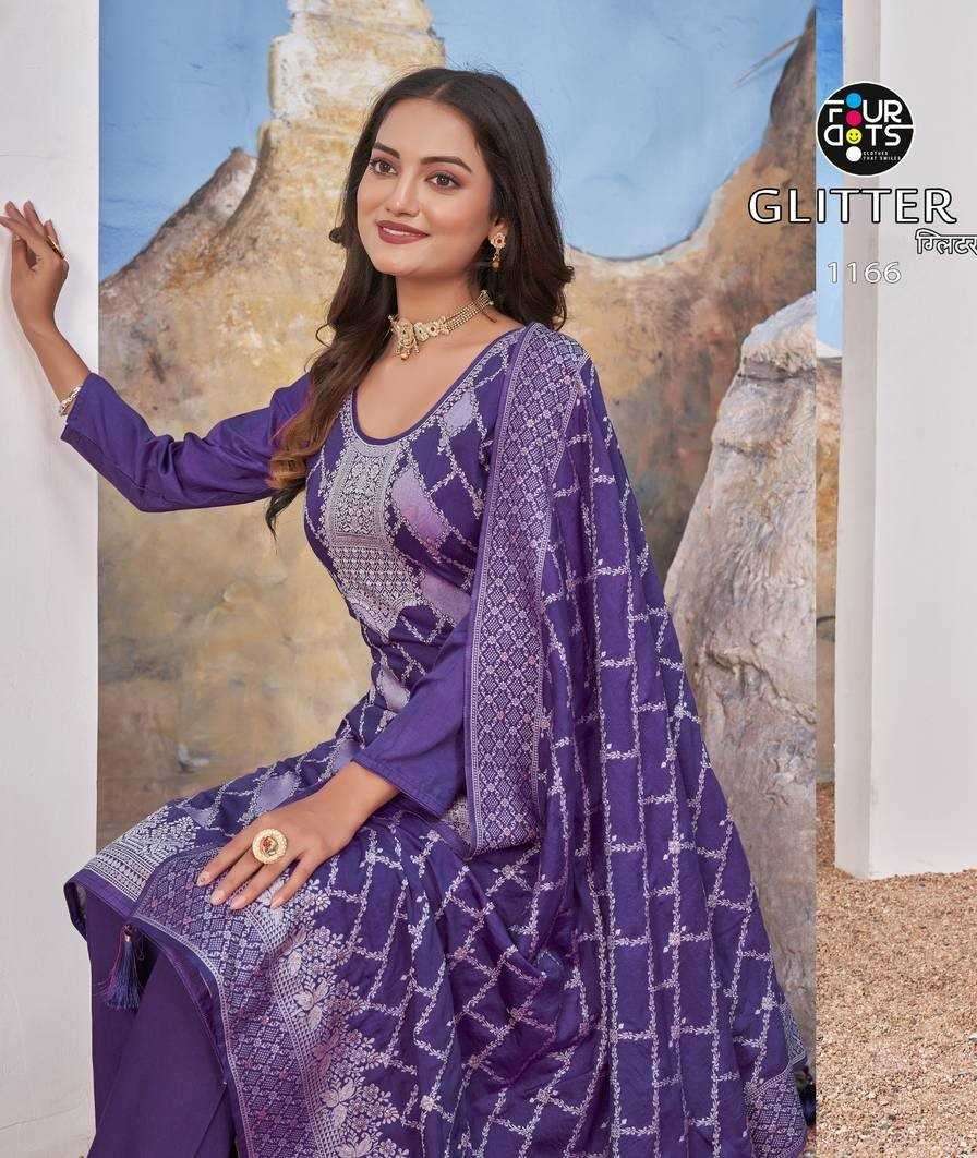 FOURDOTS PRESENTS GLITTER LAKHNAVI WORK DESIGNER MUSLIN JACQUARD UNSTITCH DRESS MATERIAL CATALOG WHOLESALER AND EXPORTER IN SURAT