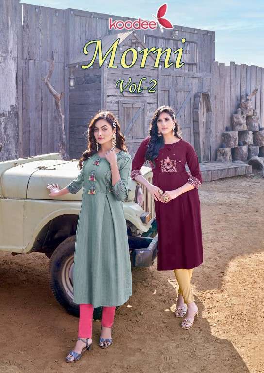 Koodee Presents Morni Vol-2 Nayra Cut Fancy Rayon Kurti Catalog Wholesaler And Exporter In Surat