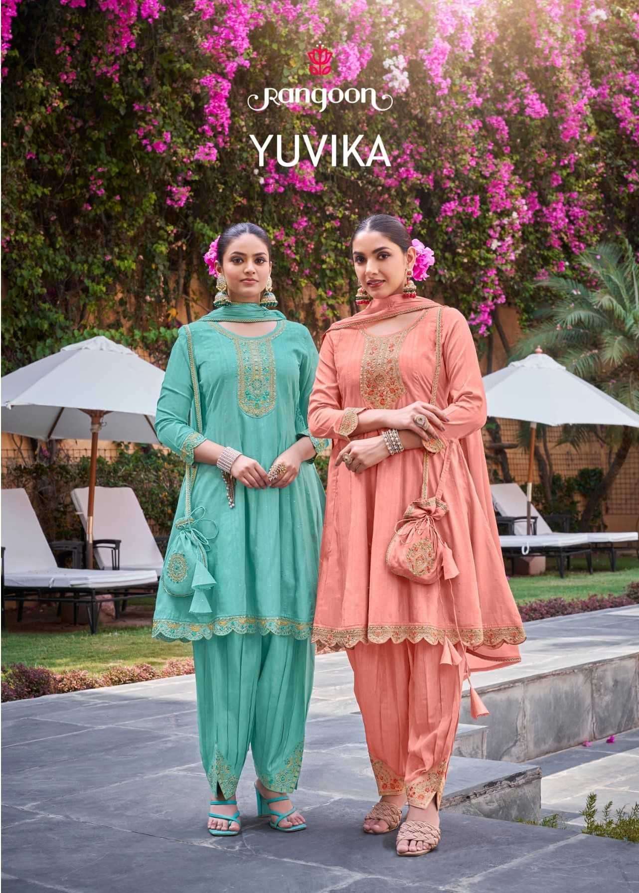 Rangoon presents yuvika Viscose designer kurtis with afghani pant and dupatta catalog wholesaler 