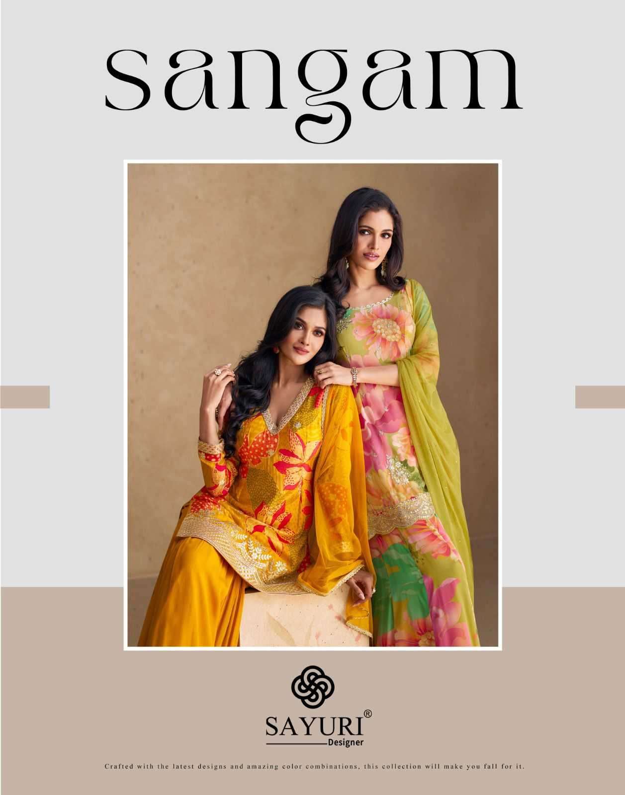 Sayuri presents Sangam chinon silk embroidery and prints work 3 pice readymade dress catalog 