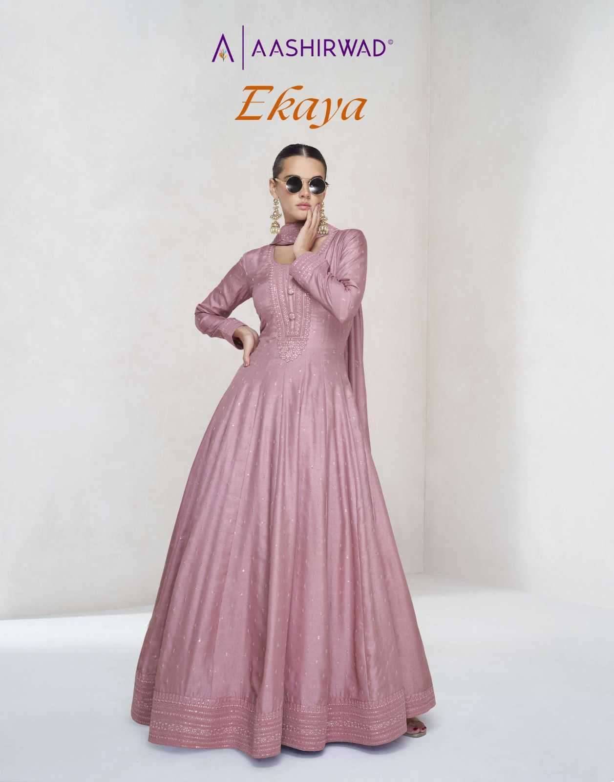 AASHIRWAD CREATION PRESENTS EKAYA SILK READYMADE EXCLUSIVE GOWN STYLE DRESS CATALOG WHOLESALER AND EXPORTER IN SURAT