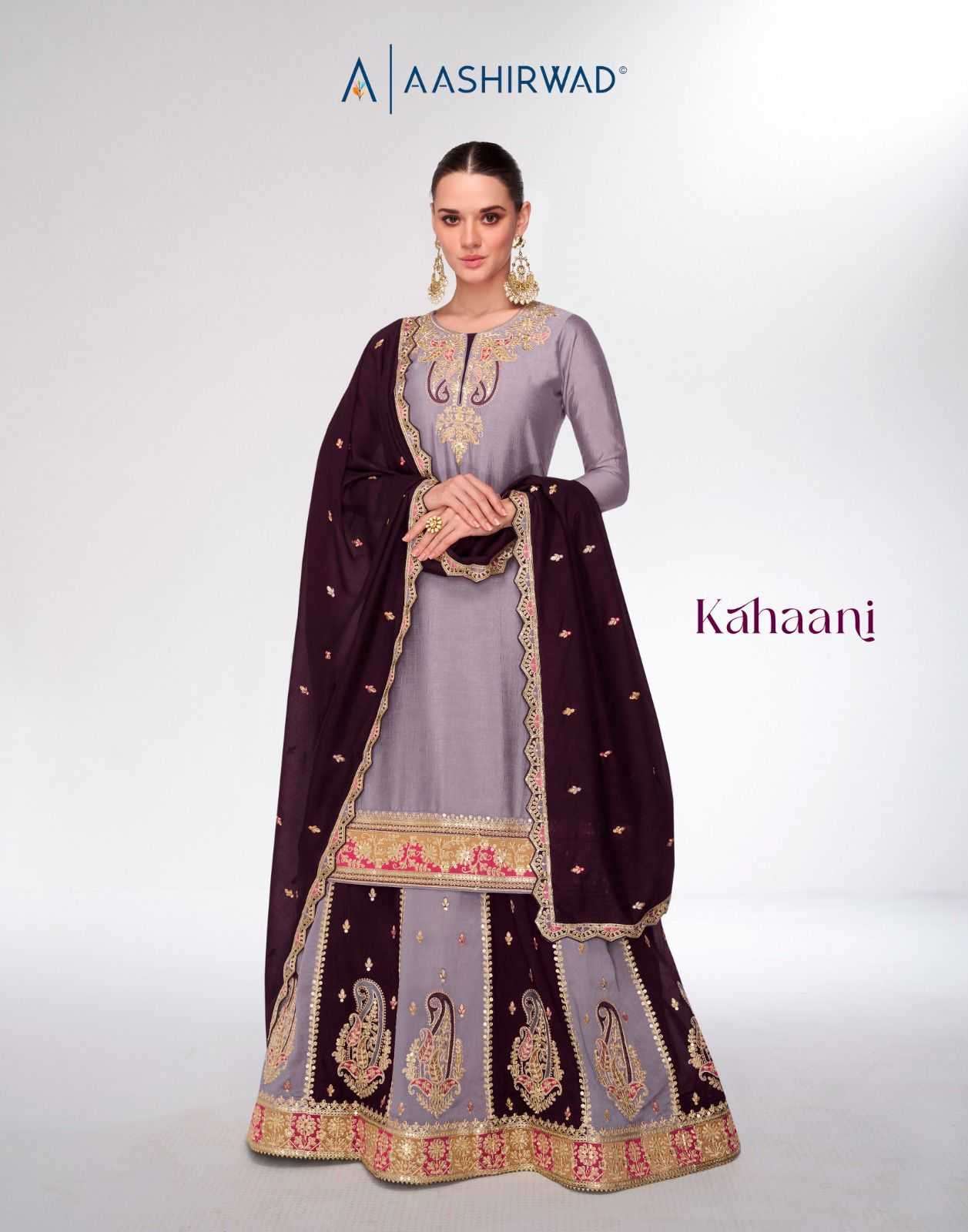 AASHIRWAD CREATION PRESENTS KAHAANI SILK READYMADE SHARARA STYLE PARTY WEAR SUITS CATALOG WHOLESALER AND EXPORTER IN SURAT