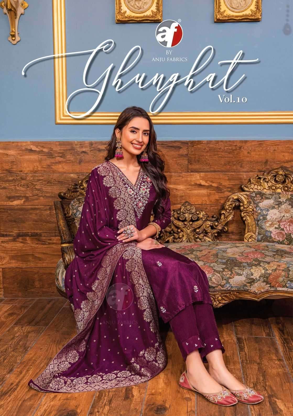 ANJU FAB PRESENTS GHUNGHAT VOL-10 DESIGNER AMAZING HANDWORK KURTI WITH PANT AND DUPATTA CATALOG WHOLESALER AND EXPORTER IN SURAT