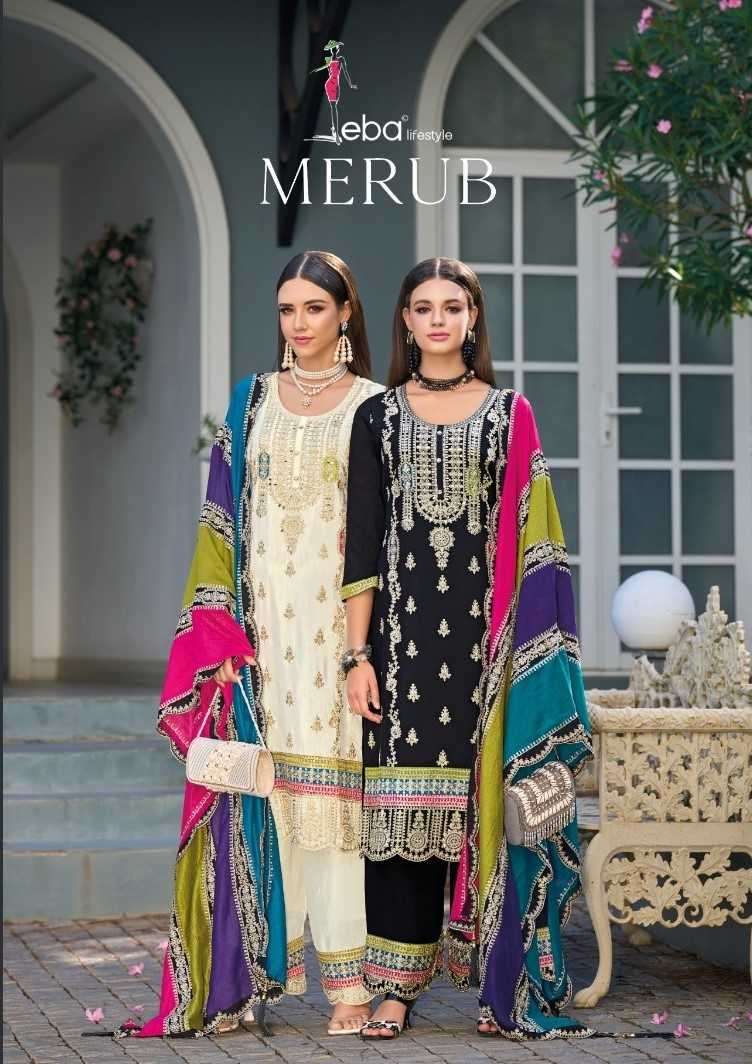 EBA LIFESTYLE PRESENTS MERUB EMBROIDERY WORK FULLSTITCH PAKISTANI SALWAR SUITS CATALOG WHOLESALER AND EXPORTER IN SUIRAT