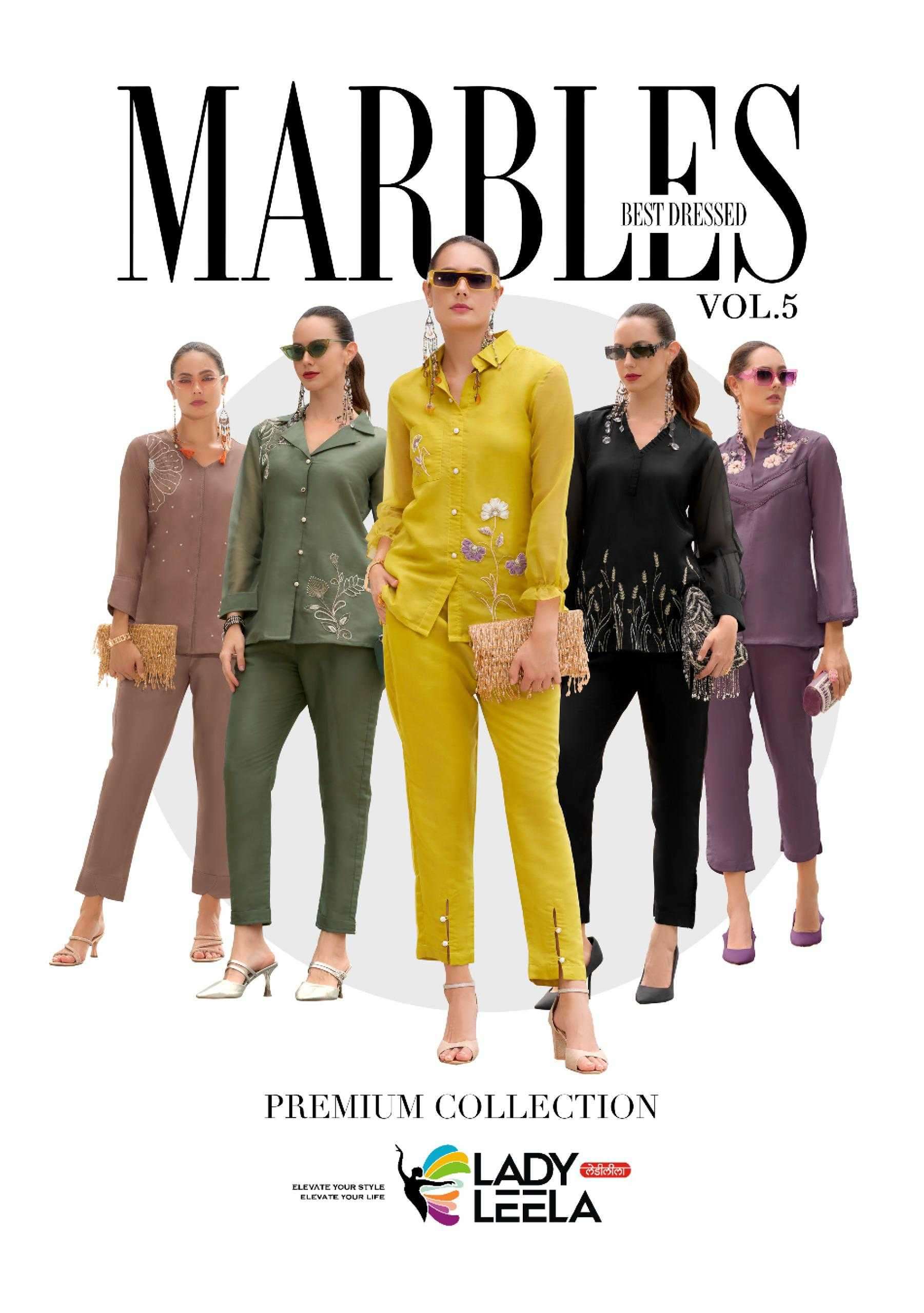 LADY LEELA PRESENTS MARBLES VOL-5 READYMADE VISCOSE ORGANZA CLASSIC LOOK CO-ORDS CATALOG WHOLESALER AND EXPORTER IN SURAT