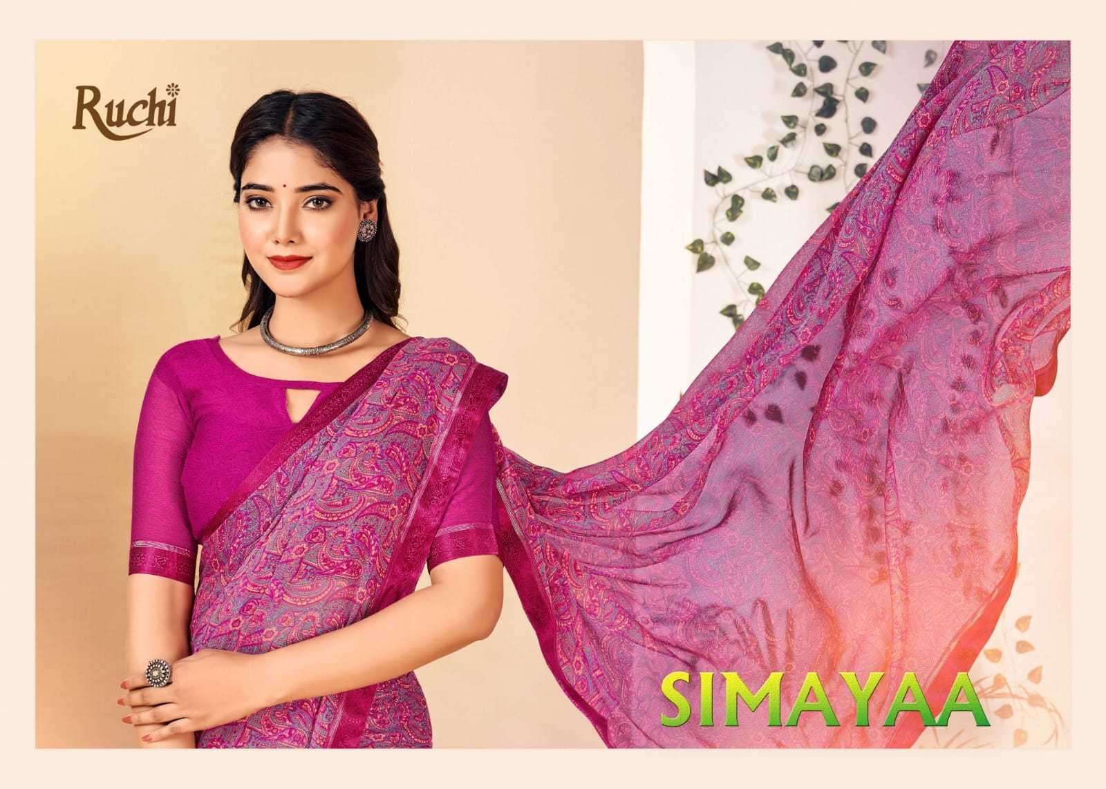 RUCHI PRESENTS SIMAYAA 30001-30003 UNIQUE COLOURS CHIFFON SAREES CATALOG WHOLESALER AND EXPORTER IN SURAT