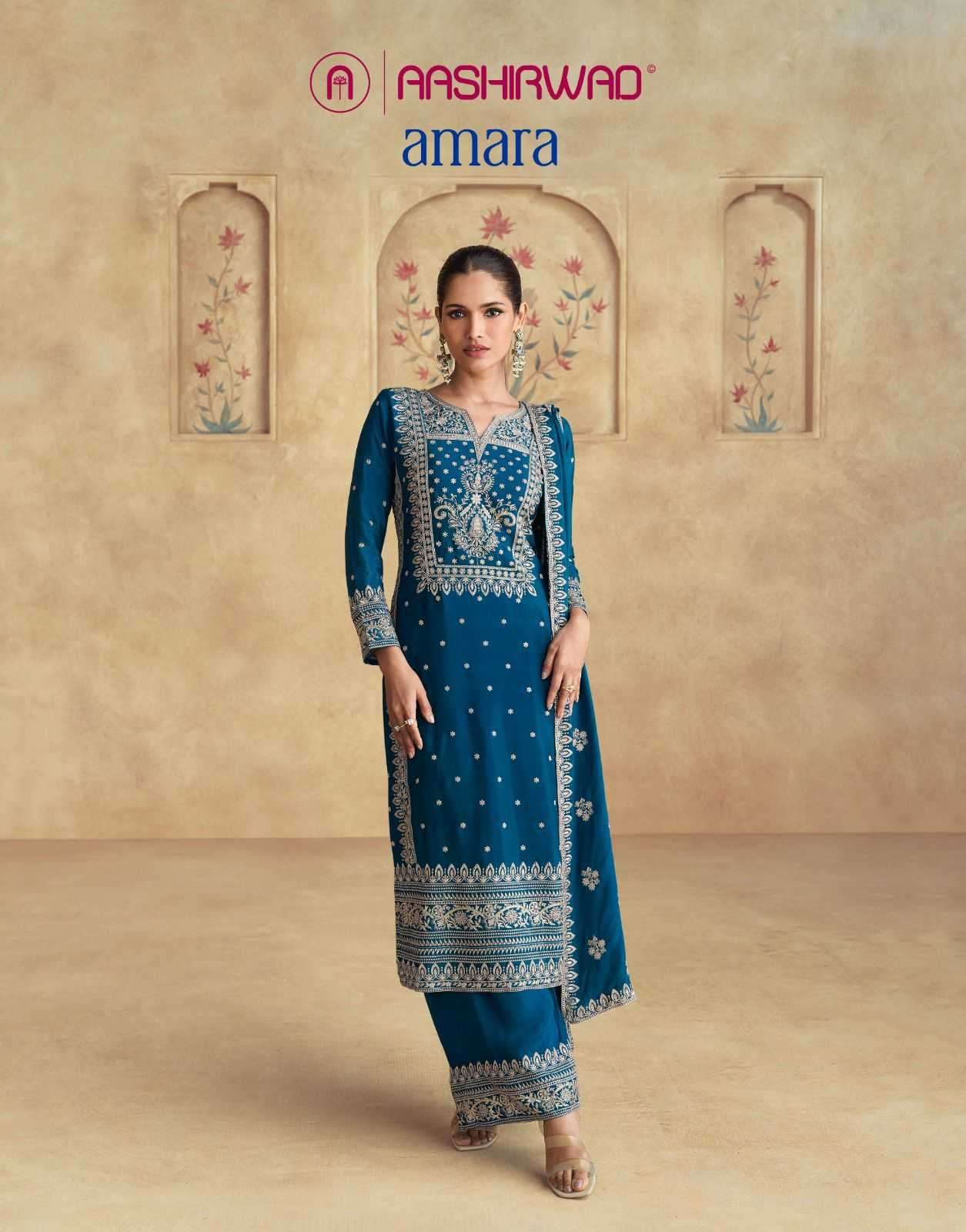 AASHIRWAD CREATION AMARA 10067-10068 CHINNON SILK READYMADE FASHIONABLE PLAZZO 3PCS DRESS CATALOG WHOLESALER AND EXPORTER IN SURAT