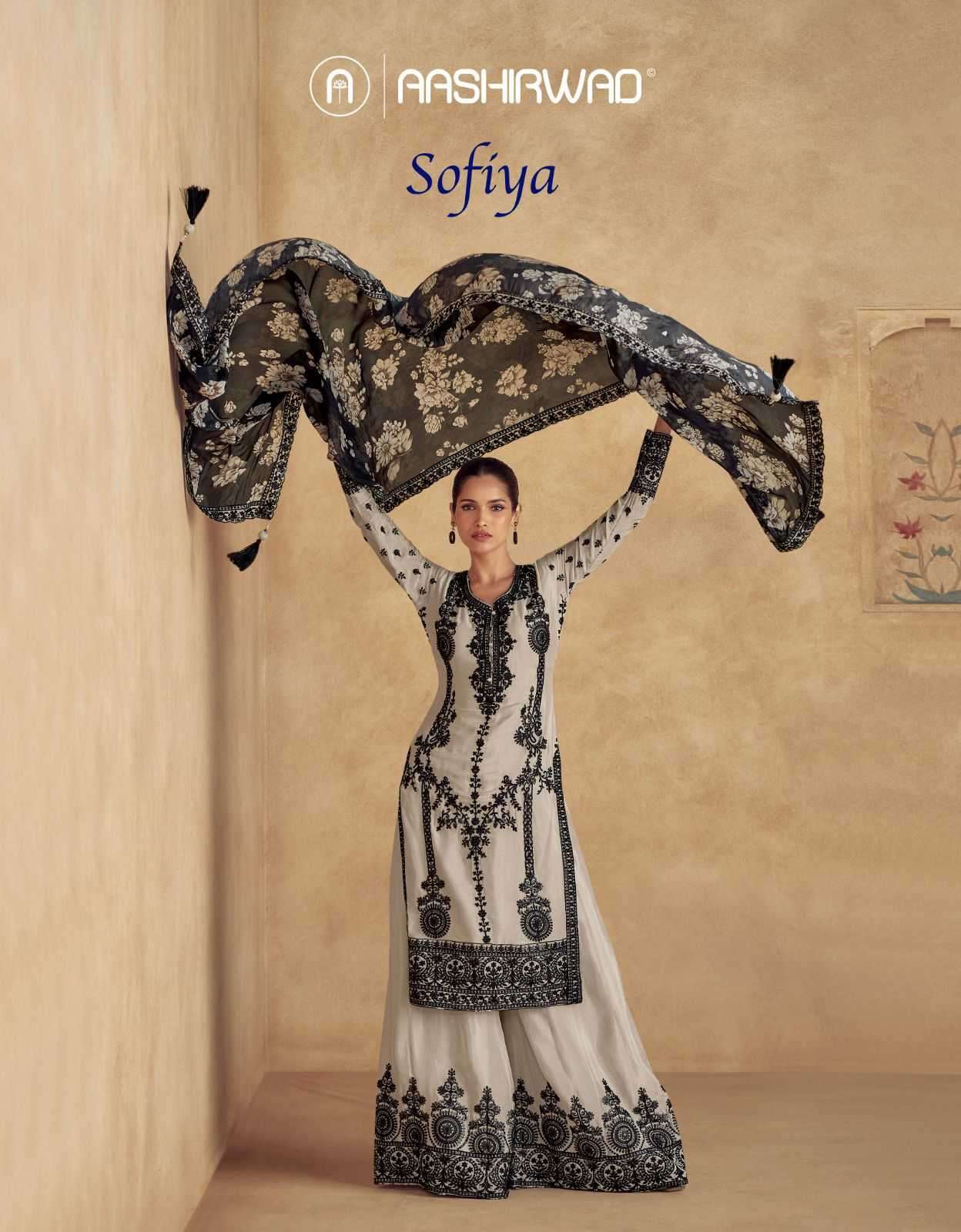 AASHIRWAD CREATION PRESENTS SOFIYA CHINON SILK READYMADE PARTY WEAR SUIT FOR WOMEN CATALOG WHOLESALER AND EXPORTER IN SURAT