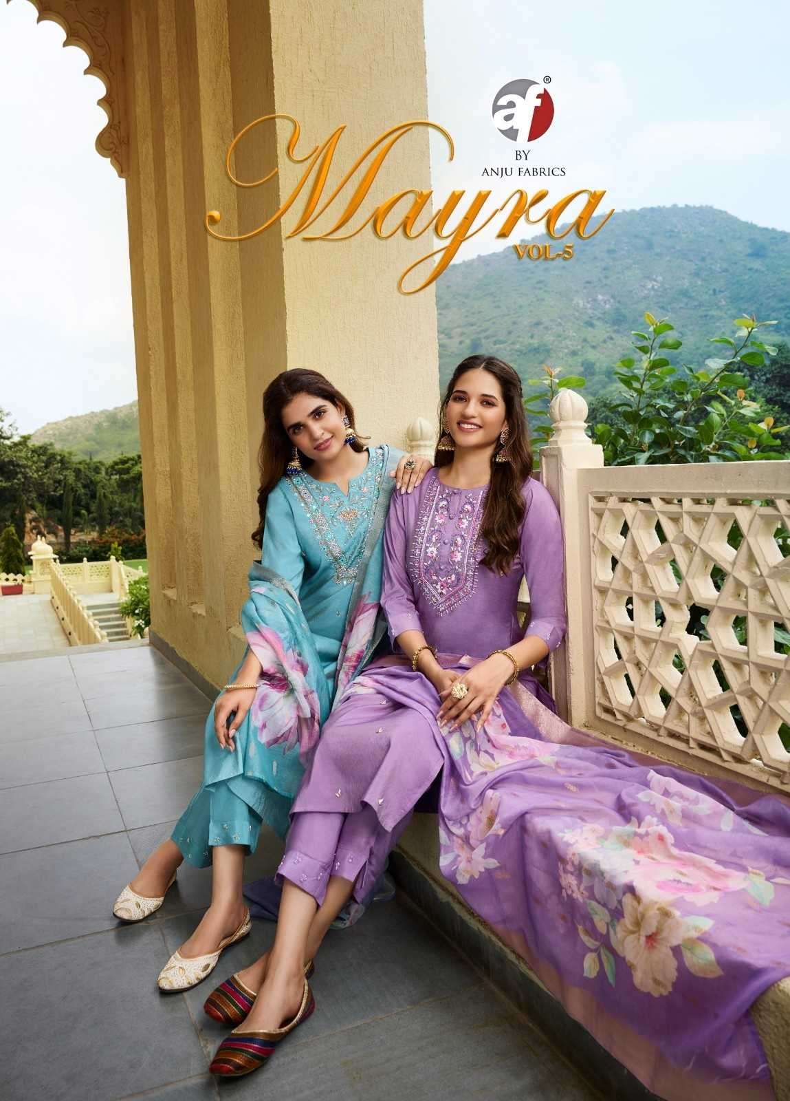 ANJU FAB ORESENTS MAYRA VOL-5 BLENDED SHIMMER HANDWORK READYMADE CLASSIC 3PCS DRESS CATALOG WHOLESALER AND EXPORTER 