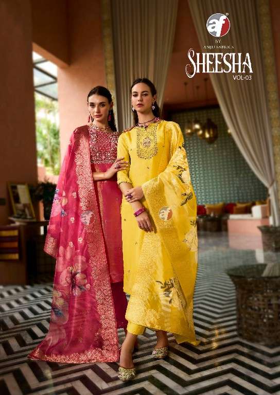ANJU FAB PRESENTS SHEESHA VOL-3 TISSUE SHIMMER FULL STITCH BIG SIZE PARTY WEAR 3PCS DRESS CATALOG WHOLESALER AND EXPORTER 