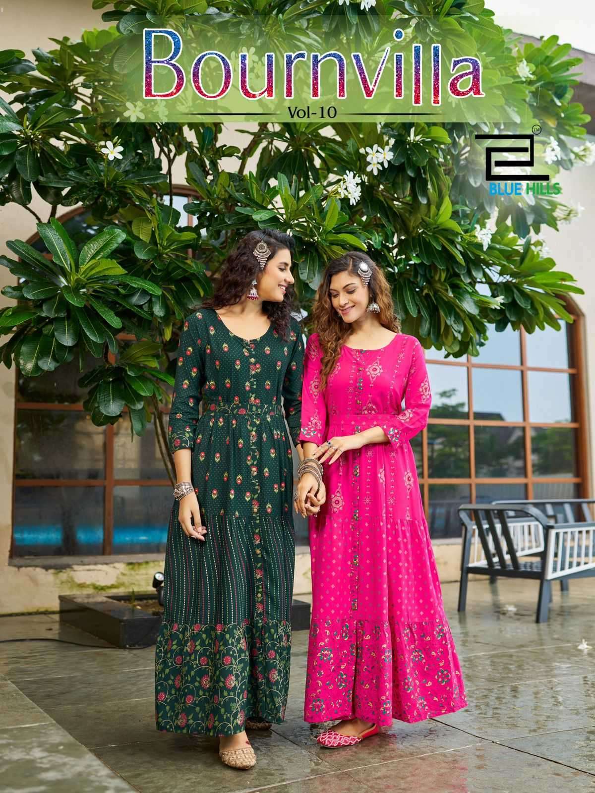  BLUE HILLS PRESENTS BOURNVILLA VOL-10 PRINT RAYON READYMADE BIG SIZE FRILL GOWN STYLE KURTIS CATALOG WHOLESALER AND EXPORTER IN SURAT