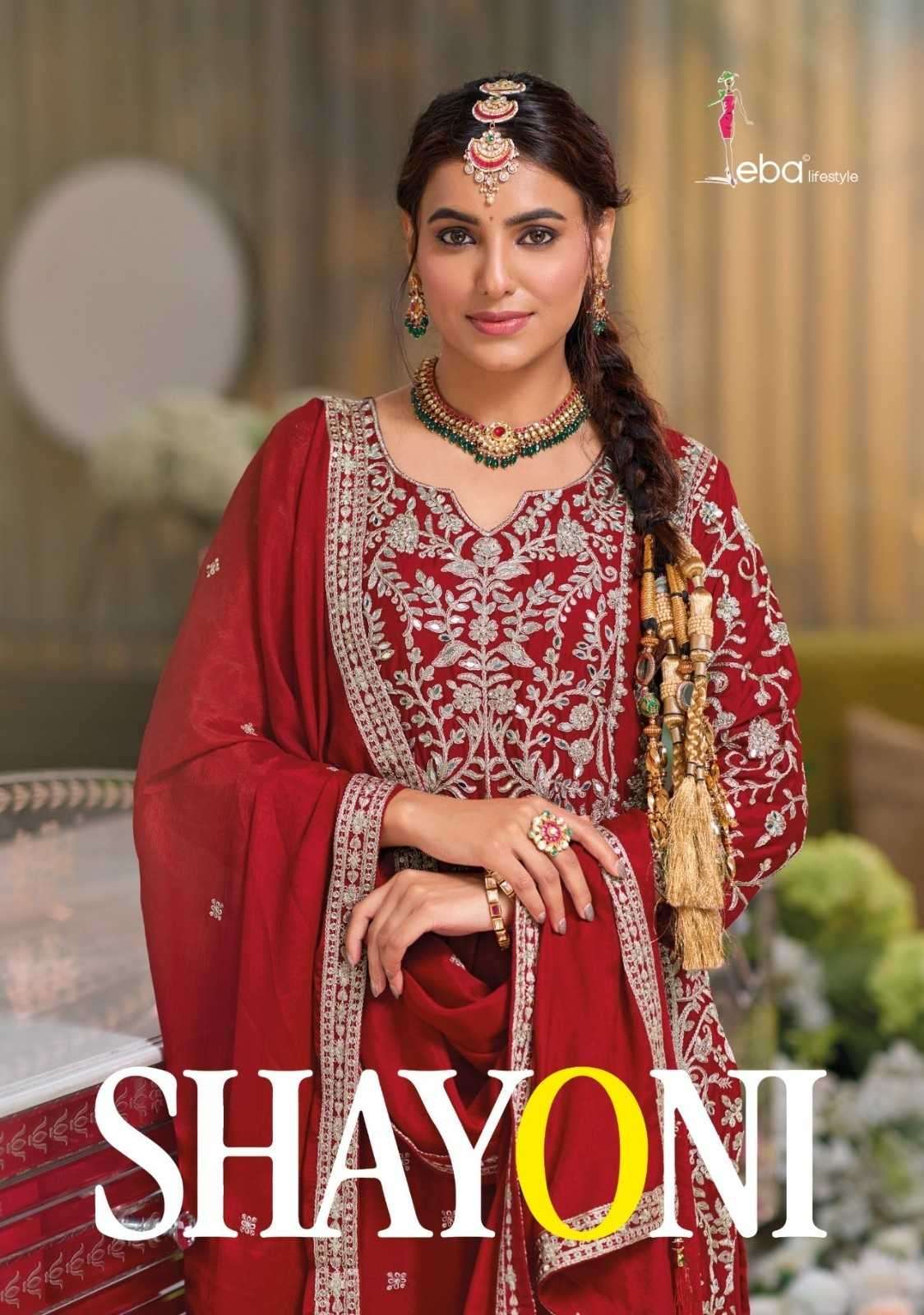 EBA LIFESTYLE PRESENTS SHAYONI CHINON EMBROIDERY WORK FULLY STITCH PAKISTANI 3PCS DRESS CATALOG WHOLESALER AND EXPORTER IN SURAT