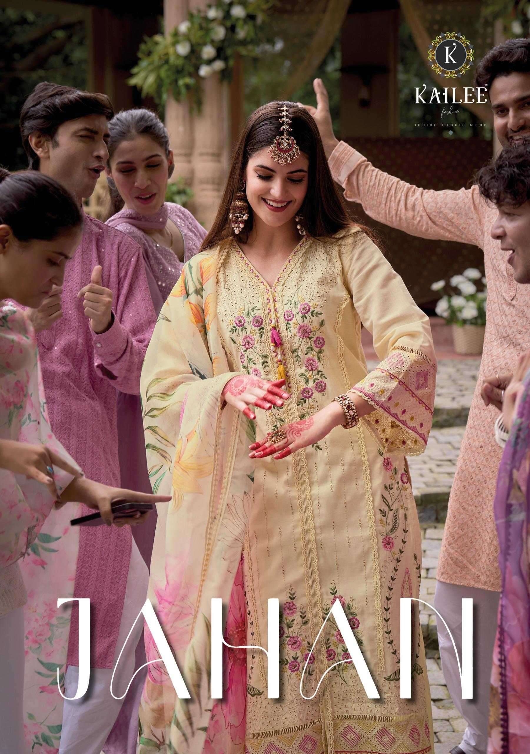 KAILEE FASHION PRESENTS JAHAN VISCOSE SIMMER SILK FULL STITCH PARTY WEAR SUITS FOR WOMEN CATALOG WHOLESALER AND EXPORTER IN SURAT