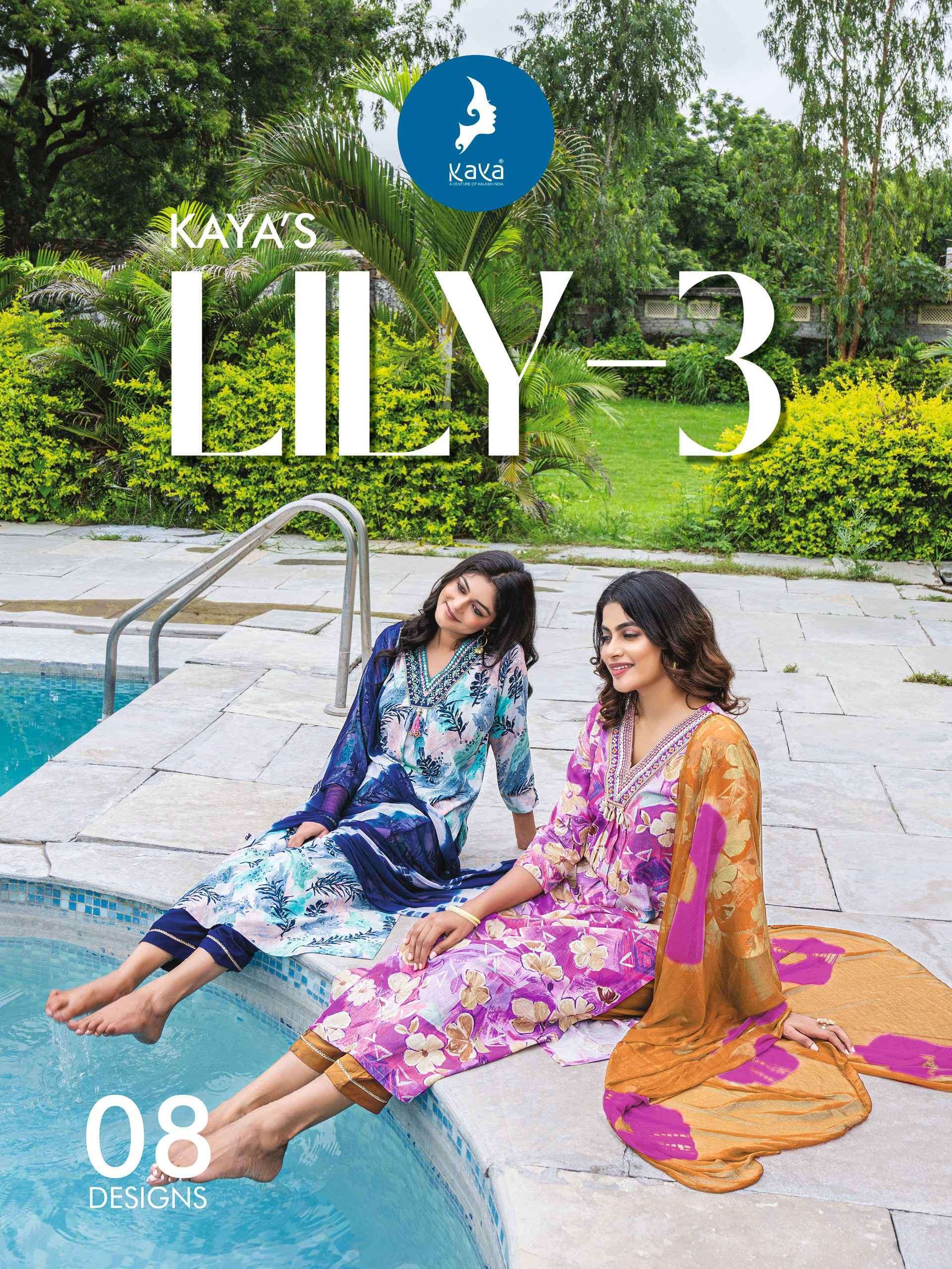 Kaya presents Lily vol-3 fancy neck pattern kurtis with pant and dupatta collection 