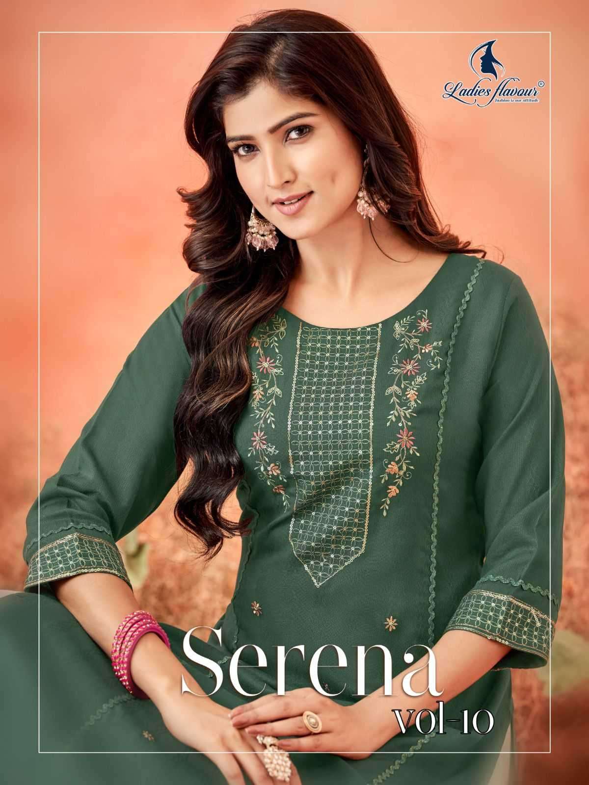 LADIES FLAVOUR SERENA VOL 10 RAYON EMBROIDERY WORK FULL STITCH LONG KURTI CATALOG WHOLESALER AND EXPORTER IN SURAT